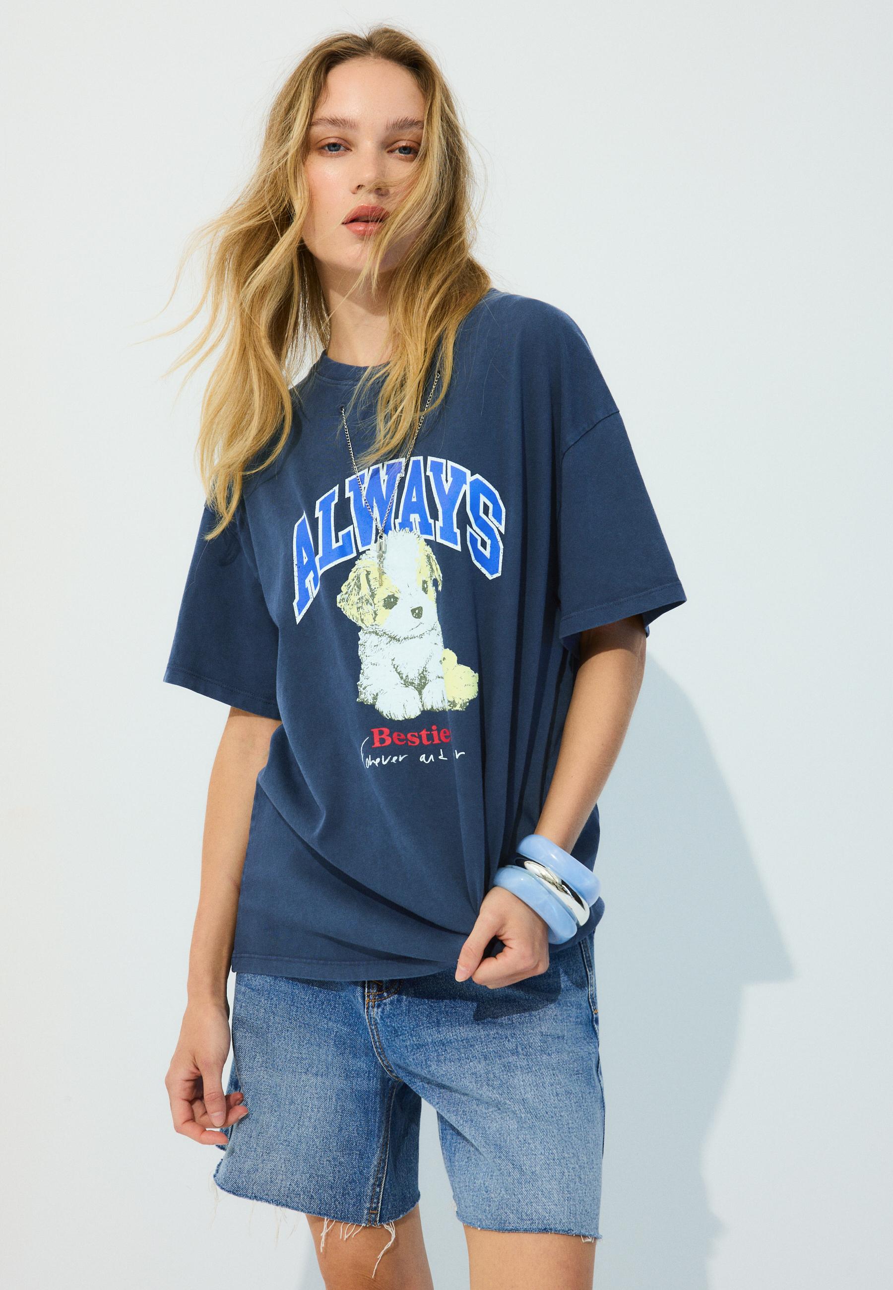 Short sleeve T-shirt with graphic and appliqué — Navy blue
