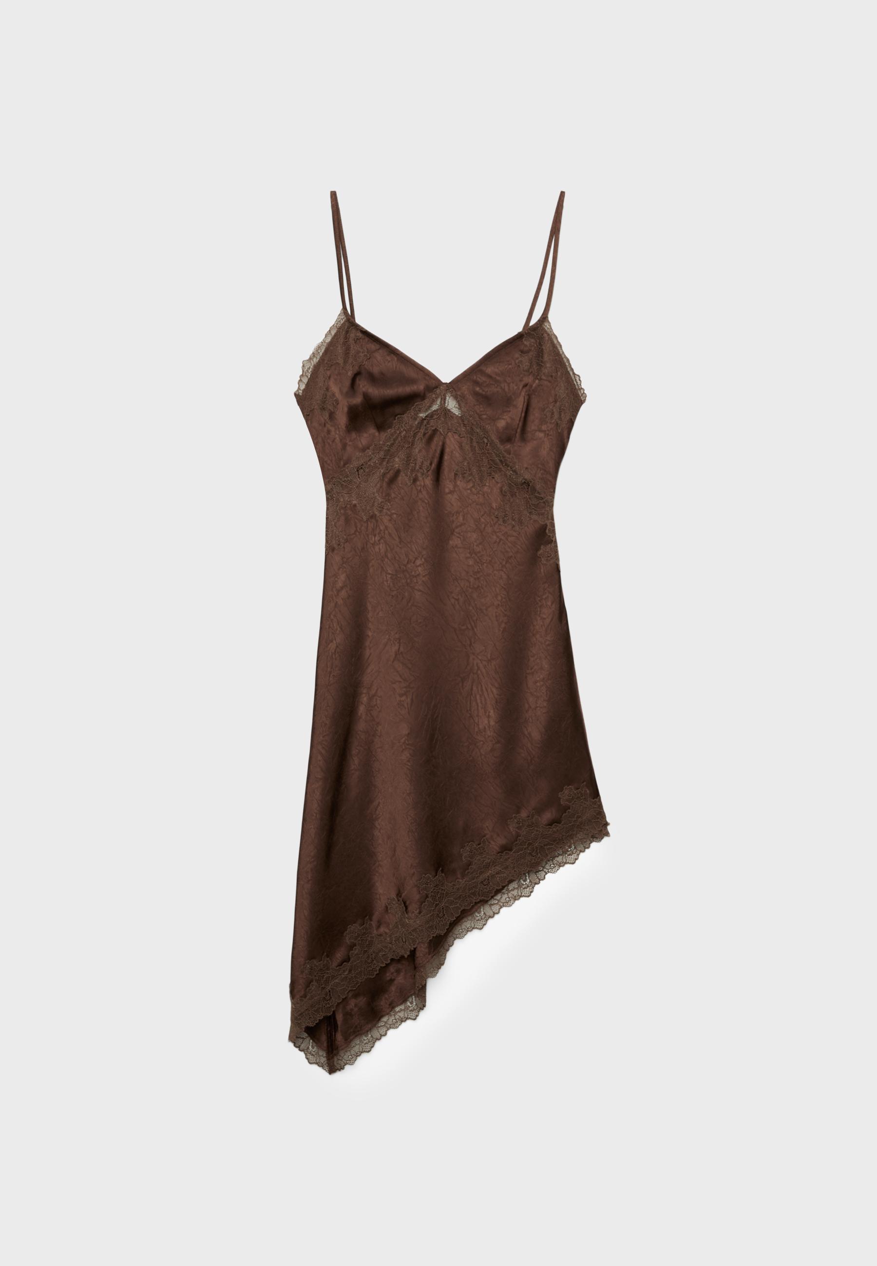 Short asymmetric satin dress — Brown