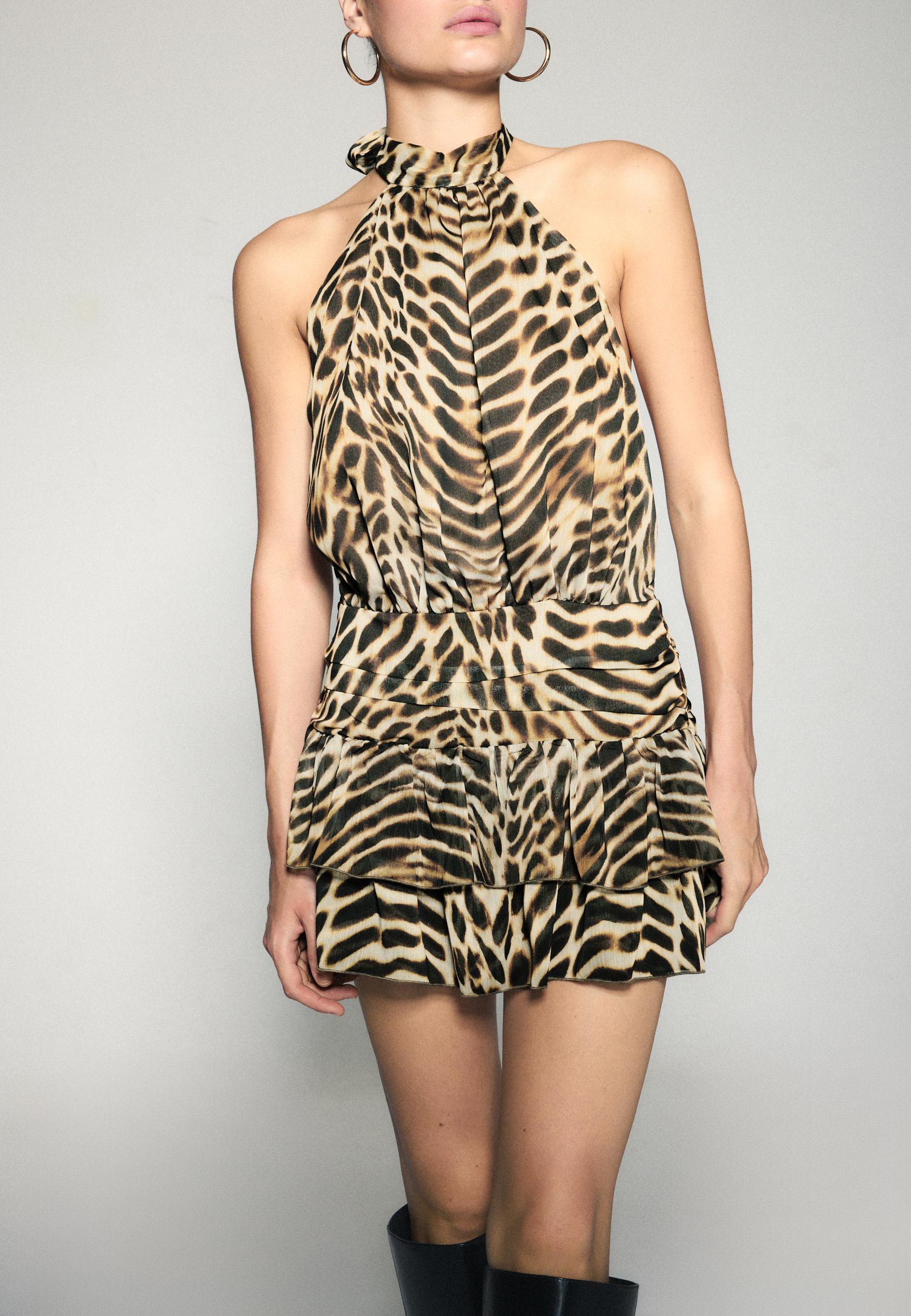 Stradivarius Εμπριμέ Φόρεμα Με Λαιμόκοψη Halter Καραμελέ Xl