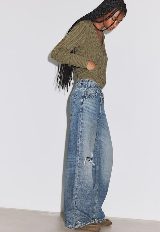 Stradivarius Cross-Over Waist Wide-Leg Jeans Medium Blue Denim 14