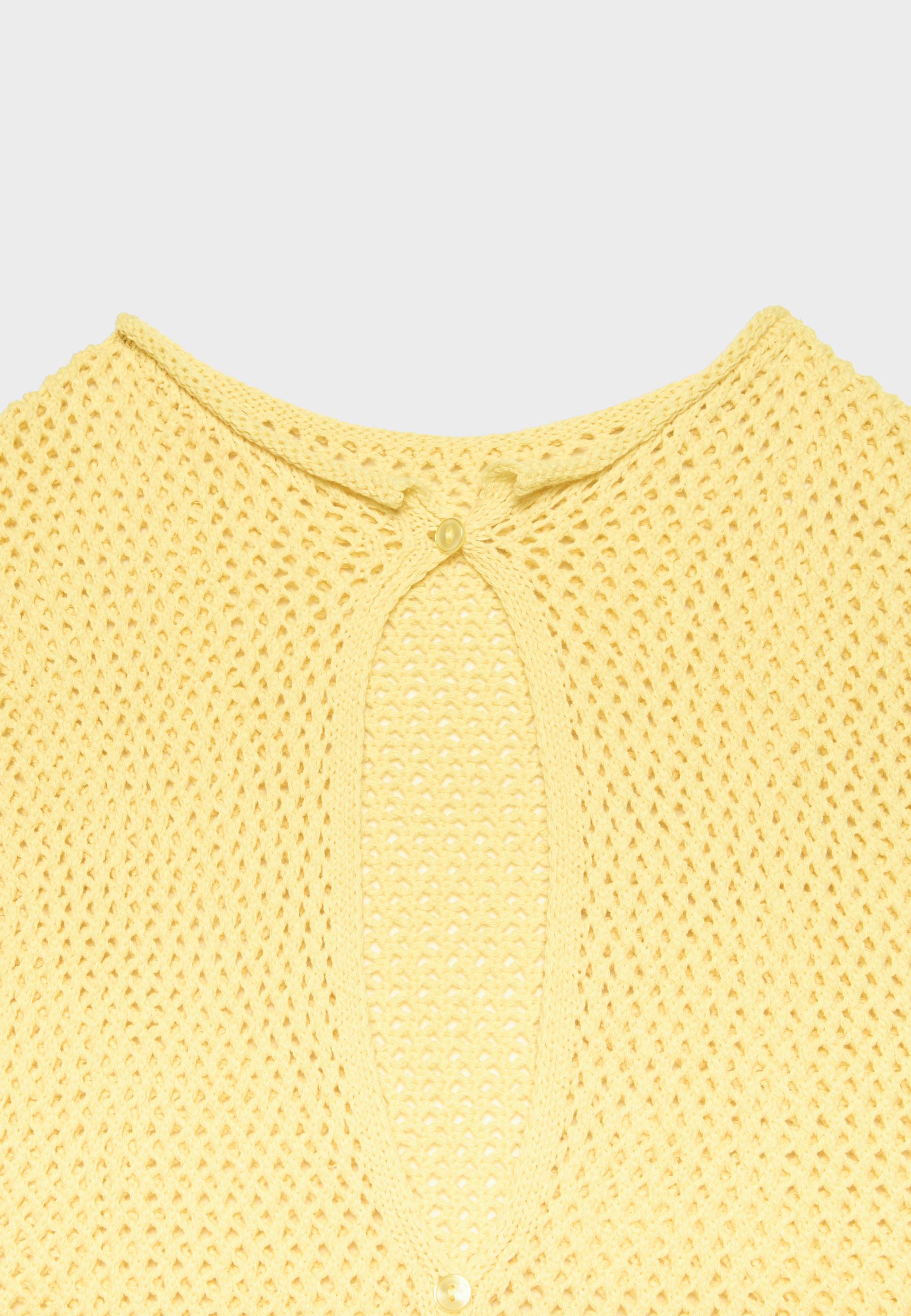 Cutwork split-neck knit top — Pastel yellow