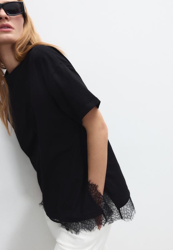 t shirt manches courtes ourlet dentelle