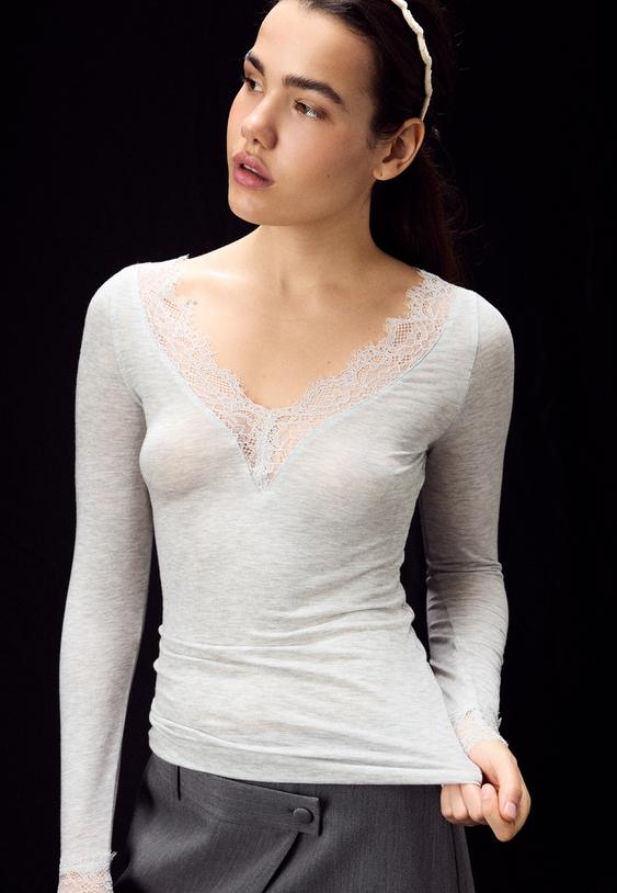 Stradivarius Langarmshirt Aus Kaschmir Mit V-Ausschnitt Grau Melange M