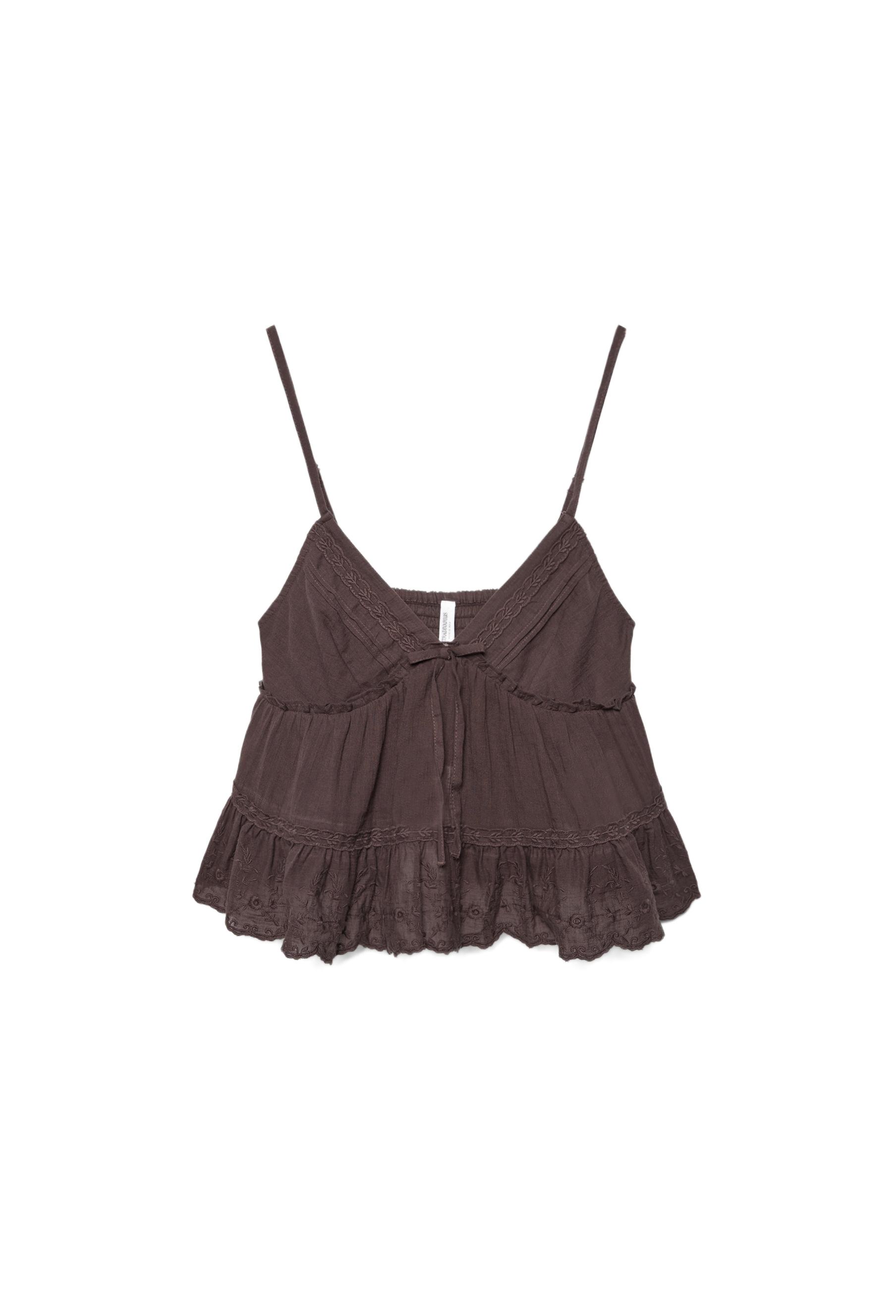 Embroidered flowing strappy top — Brown