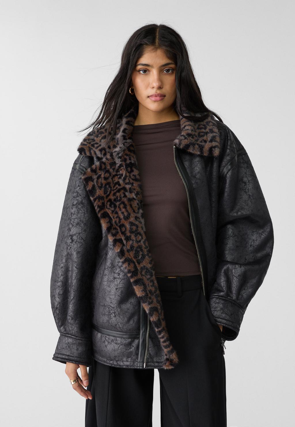 Leopard print faux fur faux shearling lined jacket