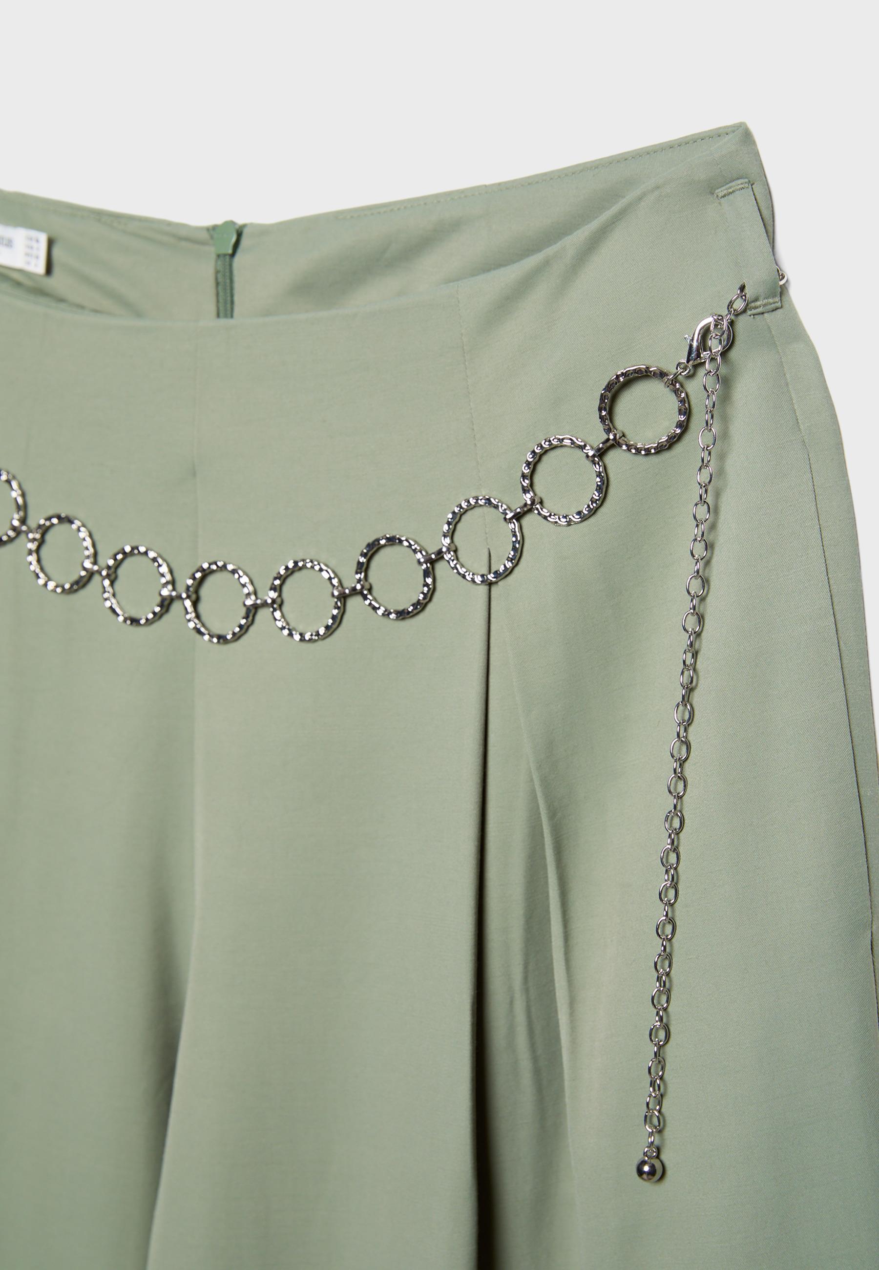 Satin darted trousers with chain belt — Khaki