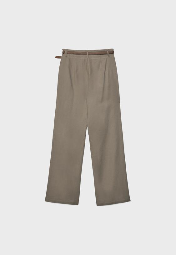 Kemerli, keten görünümlü düz paça pantolon - Görsel 14