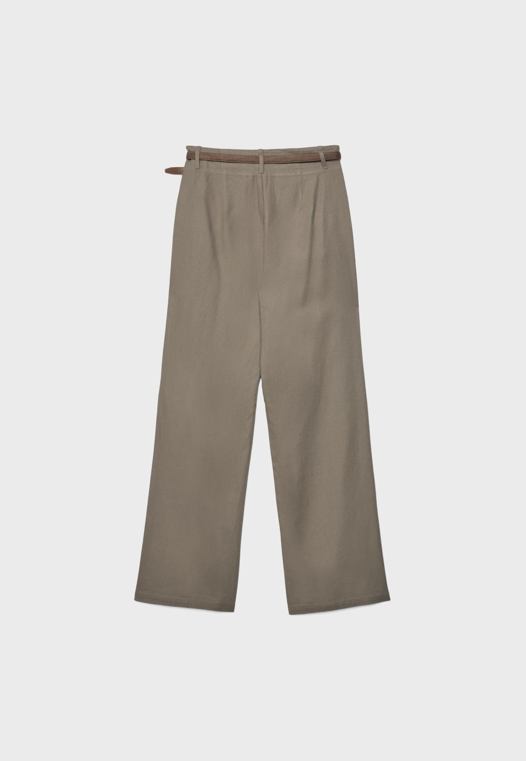 Linen-effect straight-leg trousers with belt — Brown