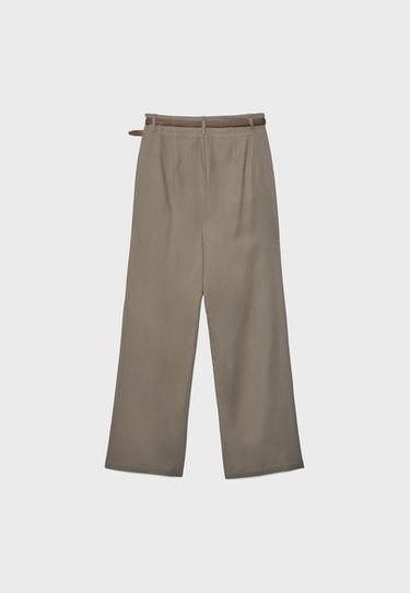 Straight-leg linen-effect trousers with belt — Brown 8