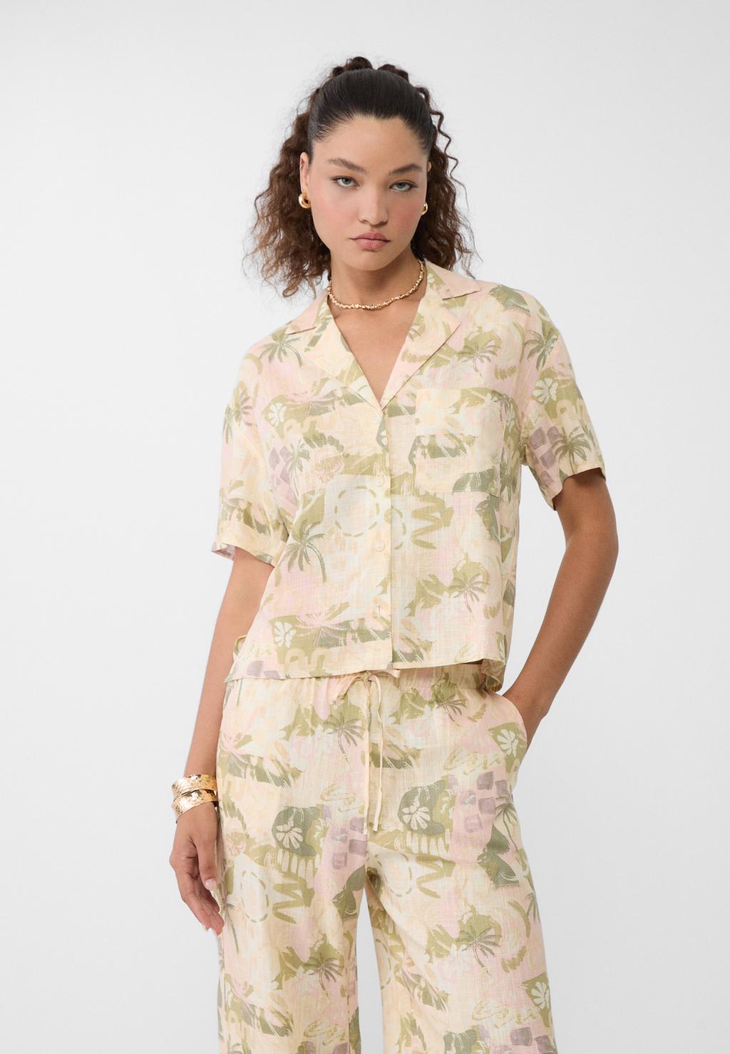 Short sleeve printed linen blend shirt