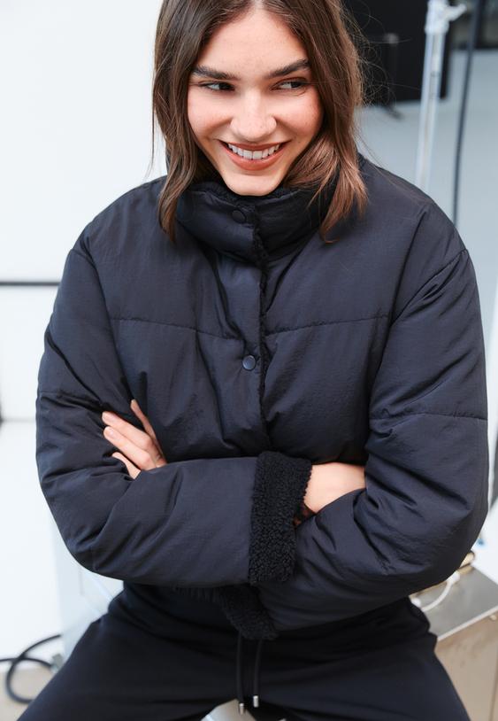 reversible faux shearling lined puffer jacket