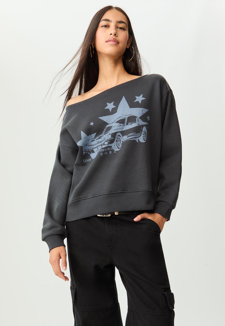 printed boat neck sweatshirt