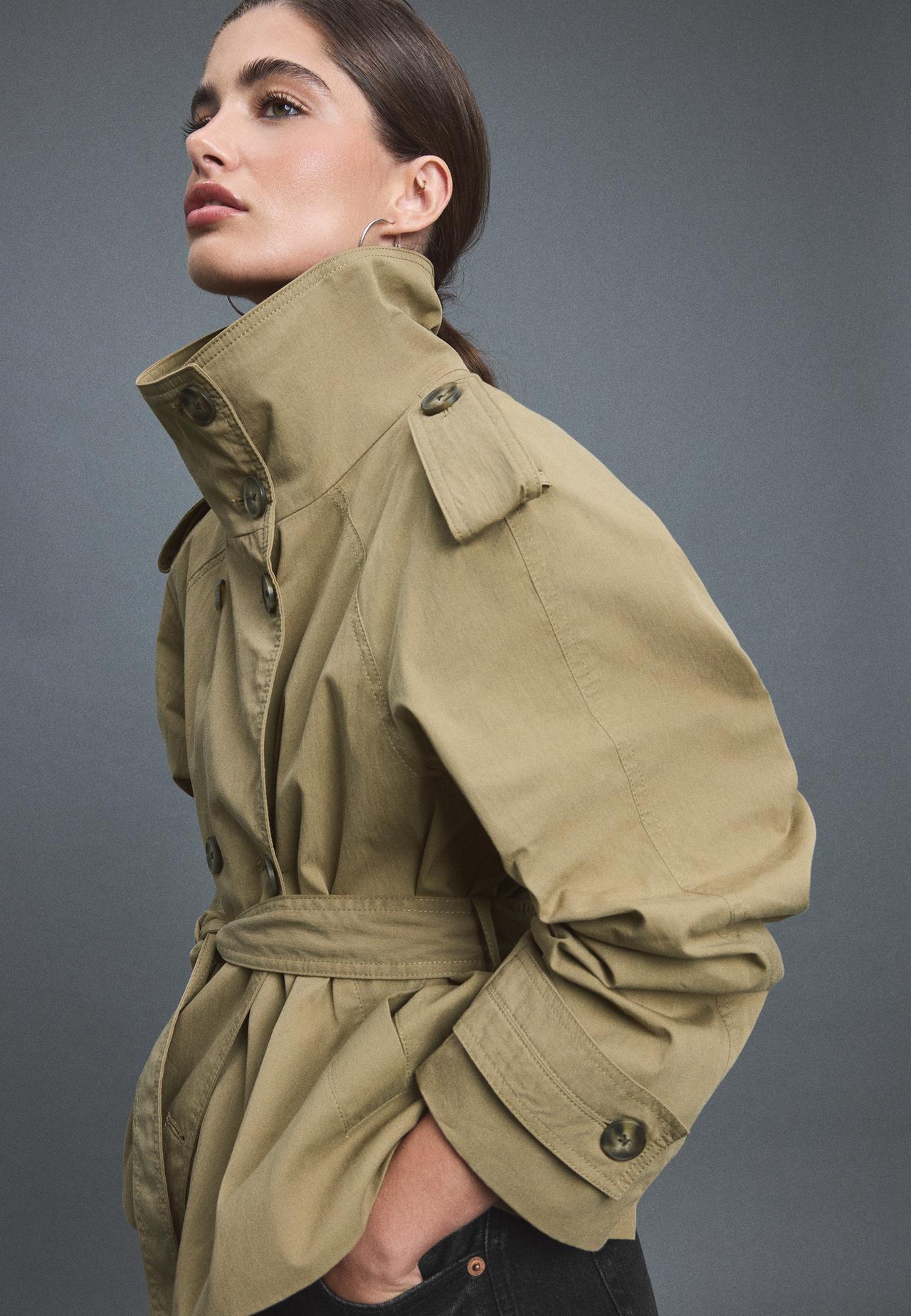 High-neck trench coat with belt — Olive green