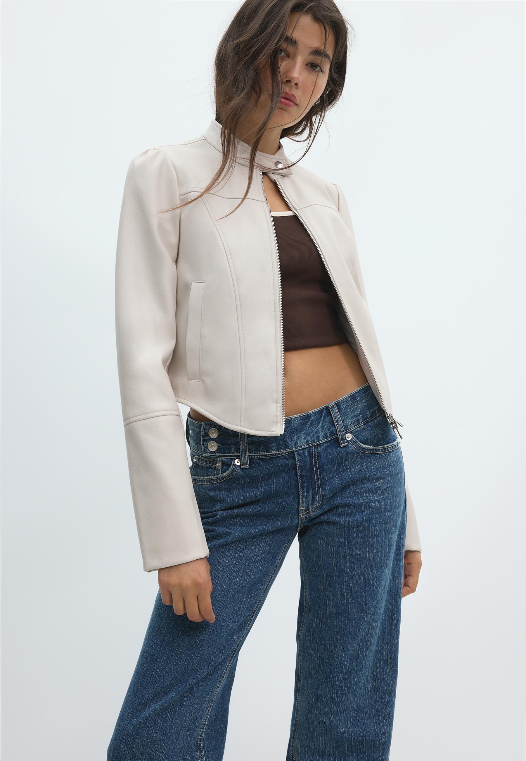 Cropped leather effect biker jacket — Ecru