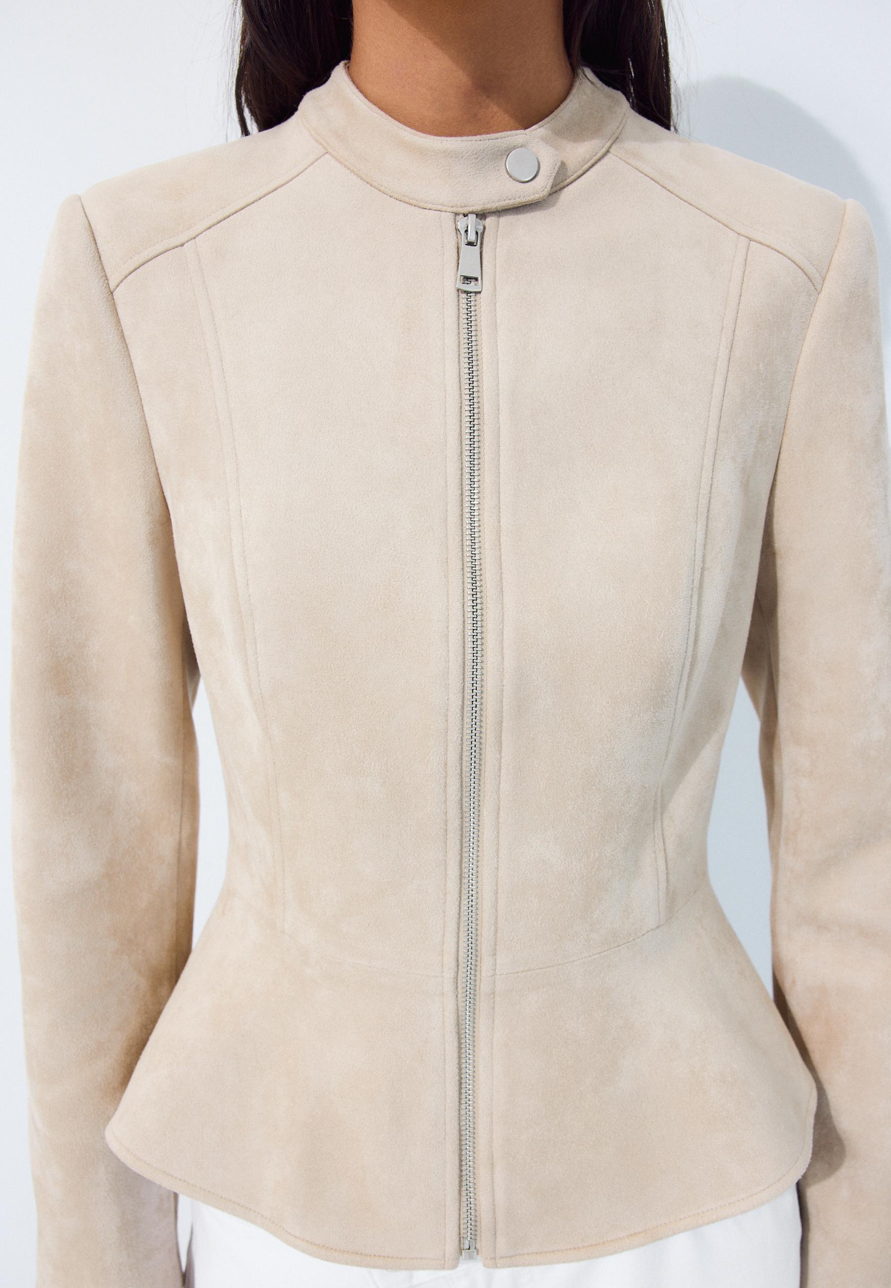 Fitted faux suede peplum jacket — Ecru