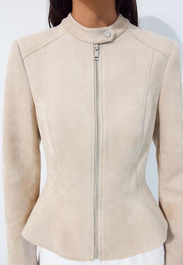 Fitted faux suede peplum jacket — Ecru 4