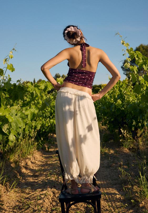 Stradivarius Pantaloni Bufanti Din Dantelă Ecru S