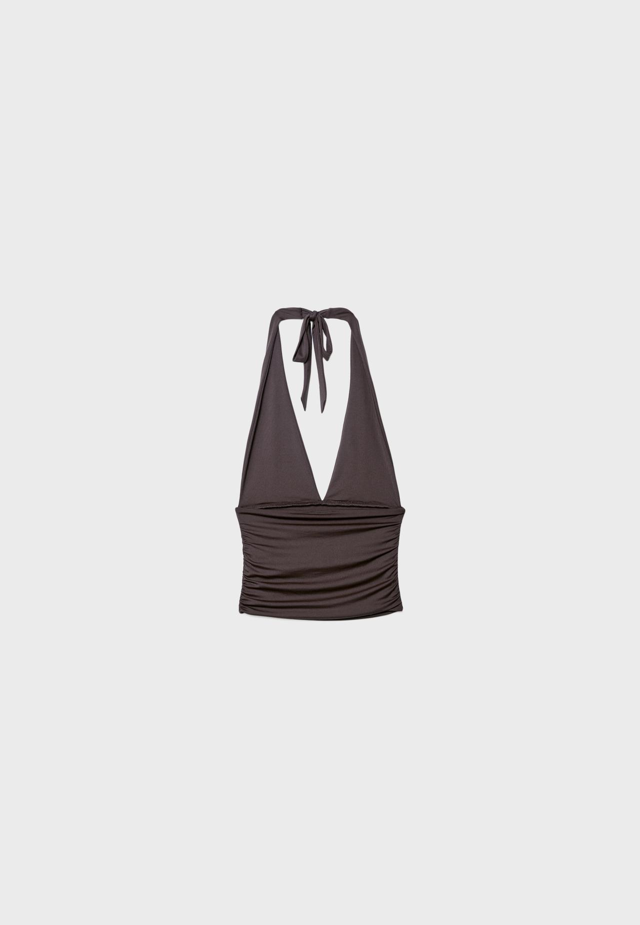Ruched halter top with neck tie — Brown