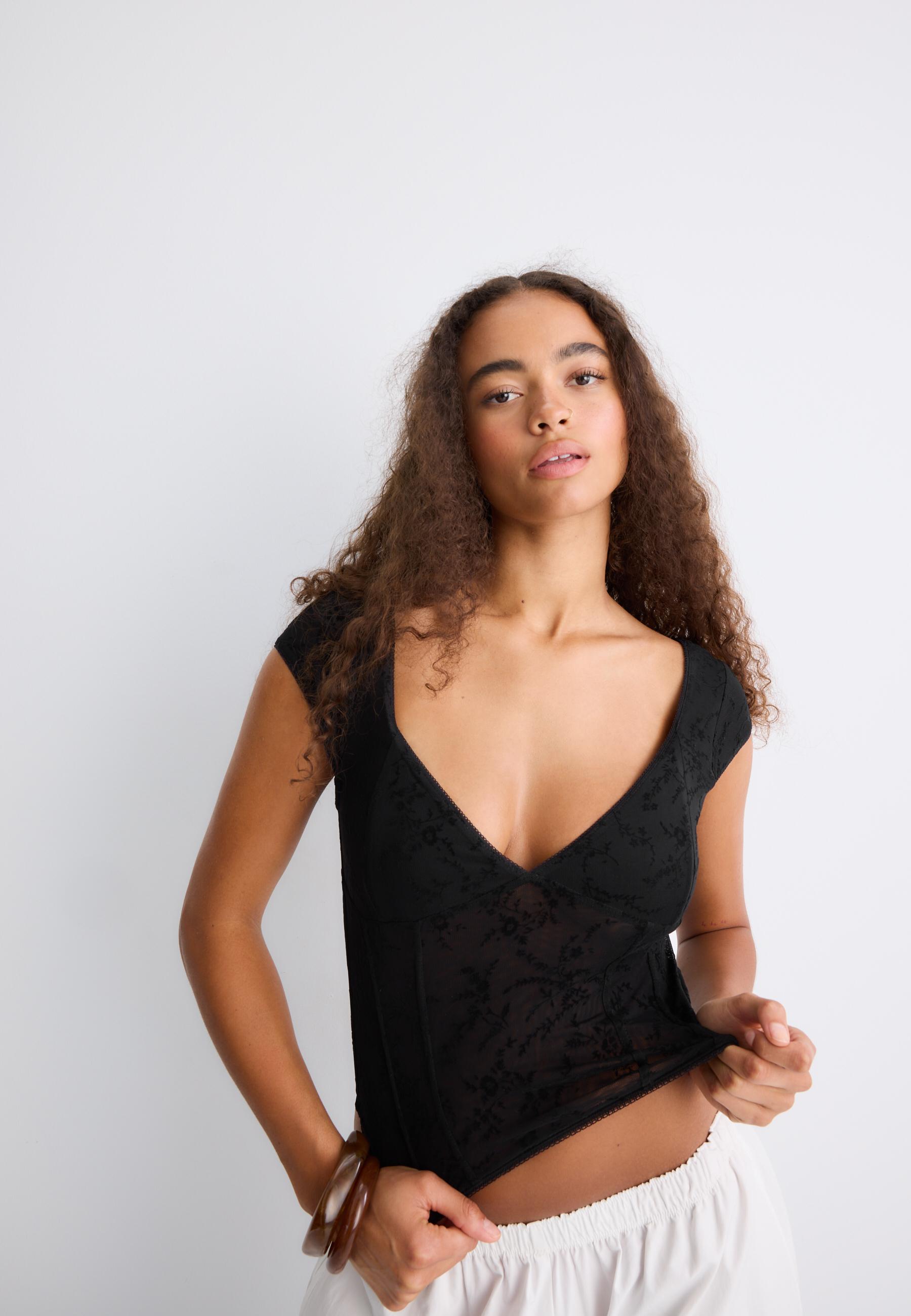 Flocked bodice top — Black