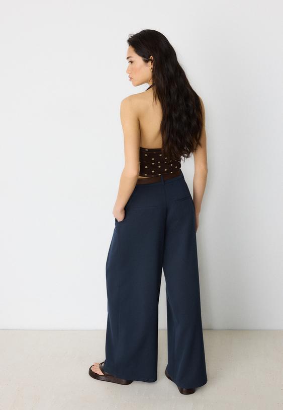 Stradivarius Maxi-Dart Trousers With Belt Dark Blue 4