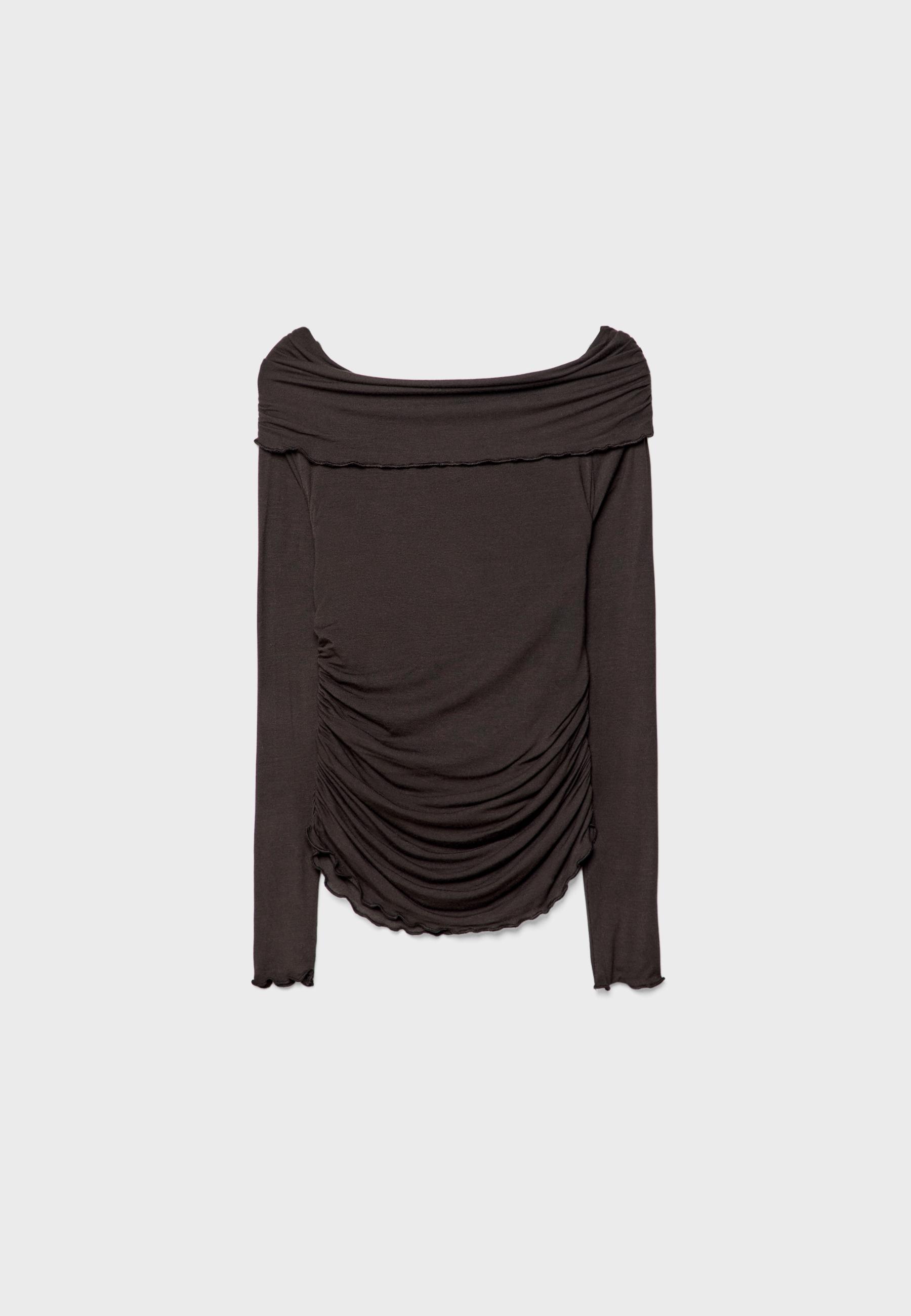 Gathered Off-the-Shoulder T-Shirt — Brown