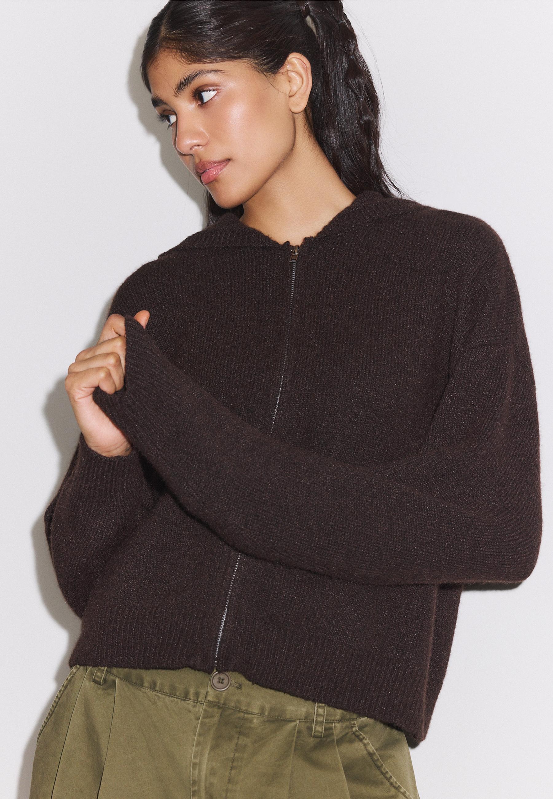 Zipped hooded knit cardigan — Brown