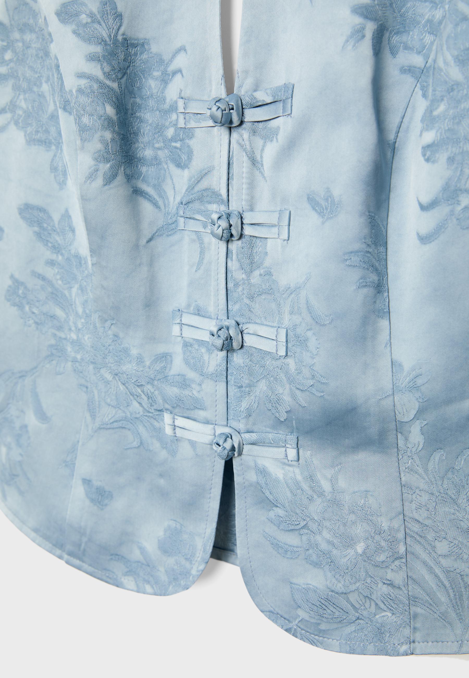 Embroidered sateen qipao top — Sky blue