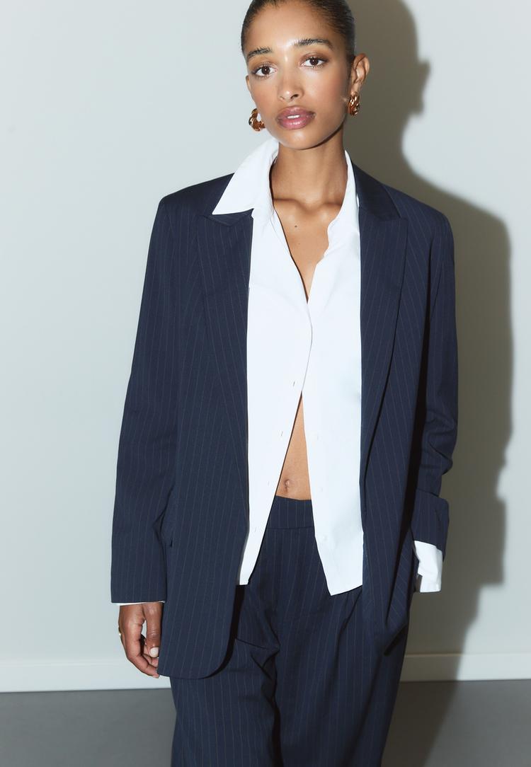 striped textured open blazer