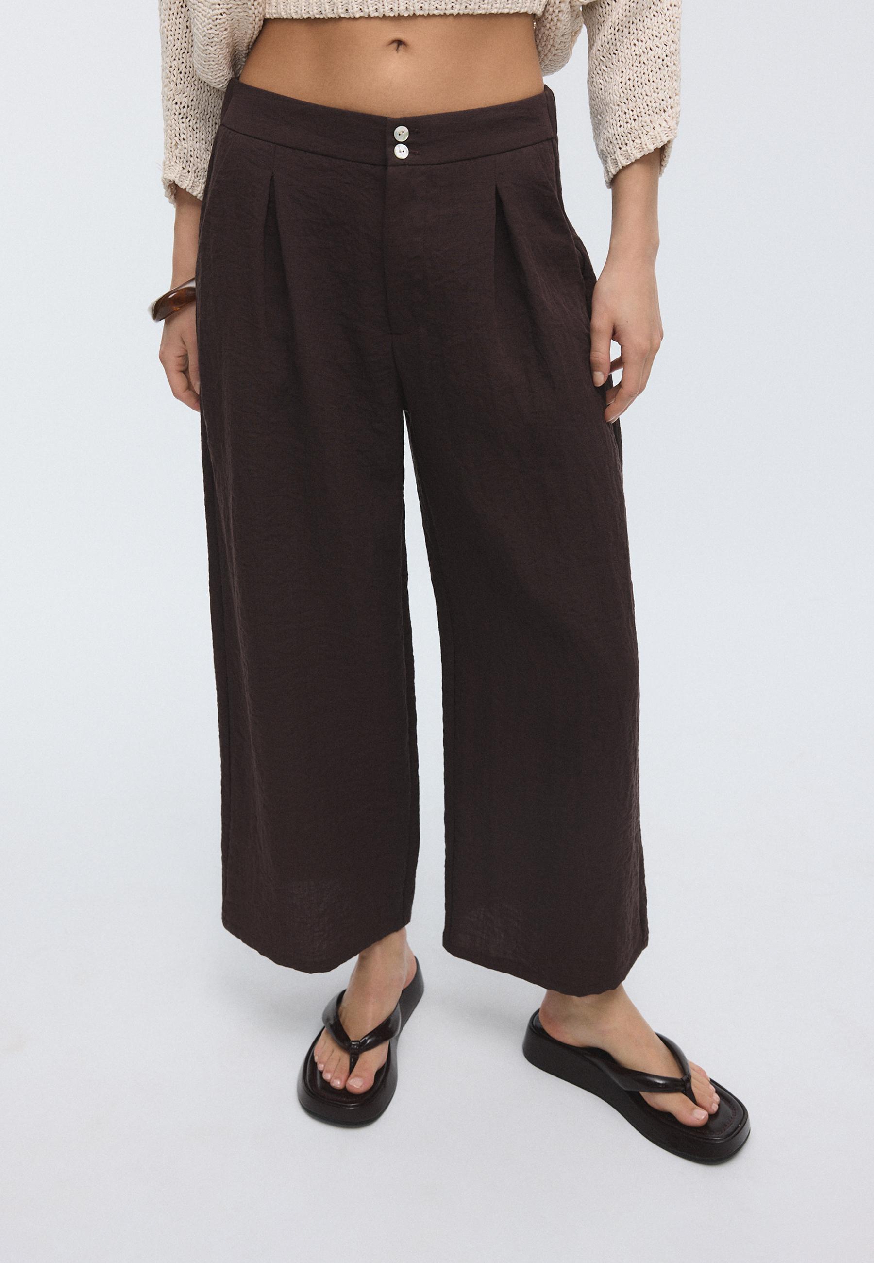 Keten görünümlü culotte pantolon - Görsel 2