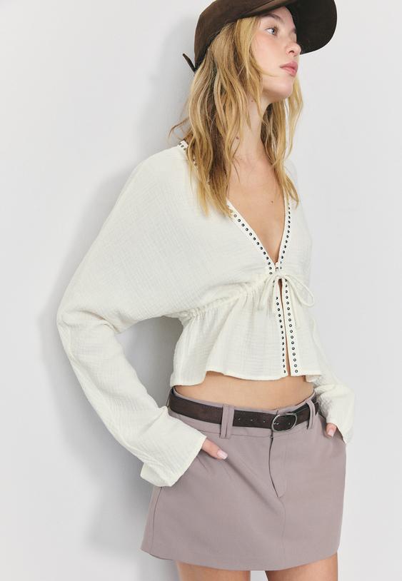 Stradivarius Open Studded Shirt Ecru S