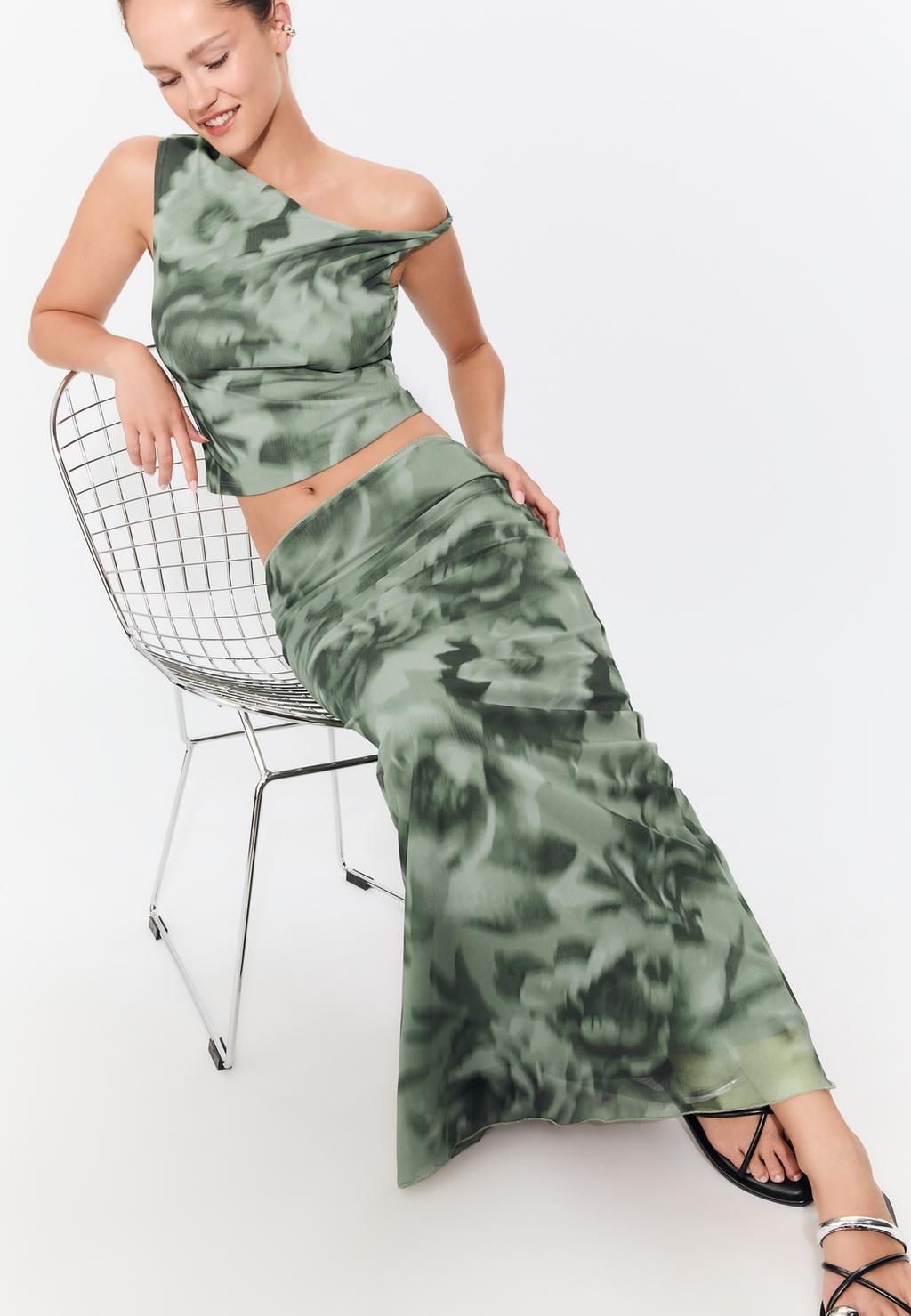 Printed tulle midi skirt