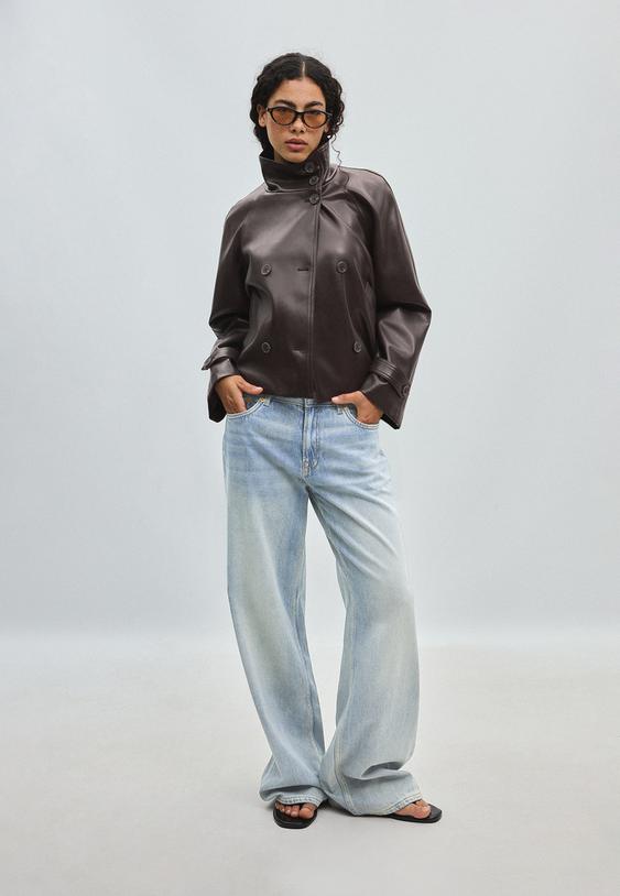 Stradivarius Cropped Leather-Effect Trench Coat Dark Grey M