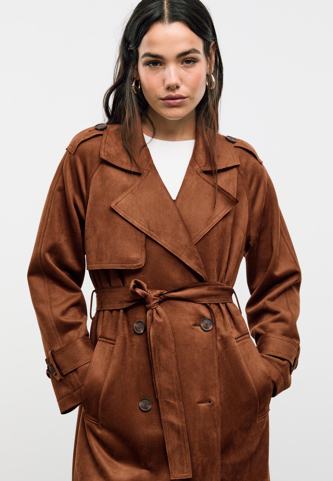 Long faux suede trench coat Women's fashion Stradivarius Jordan