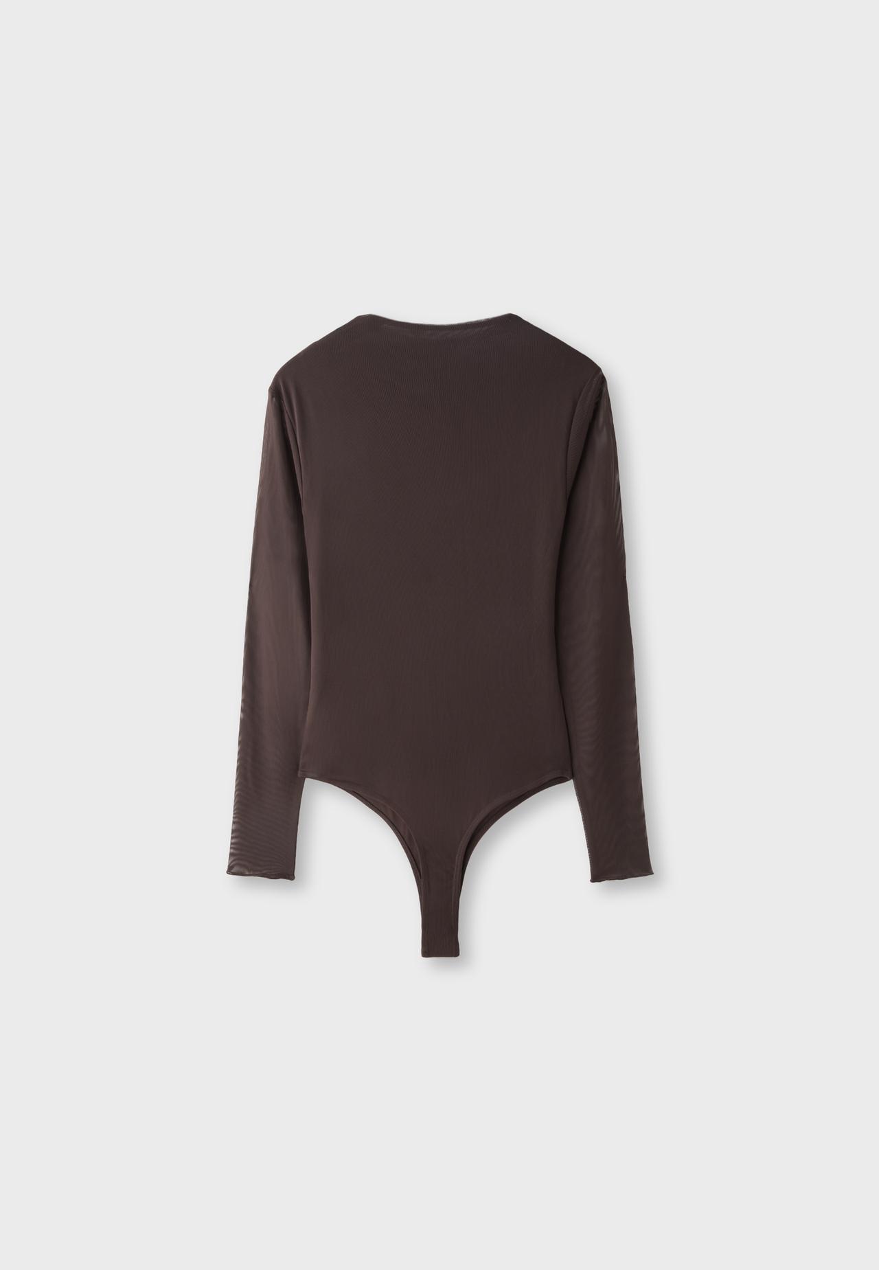 Long sleeve mesh draped bodysuit — Brown