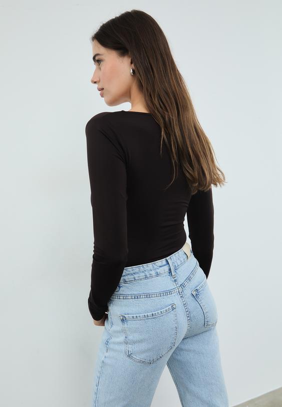 gathered polyamide bodysuit with v neckline