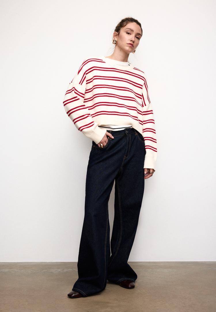 Gestreifter Crop-Strickpullover Rot XL
