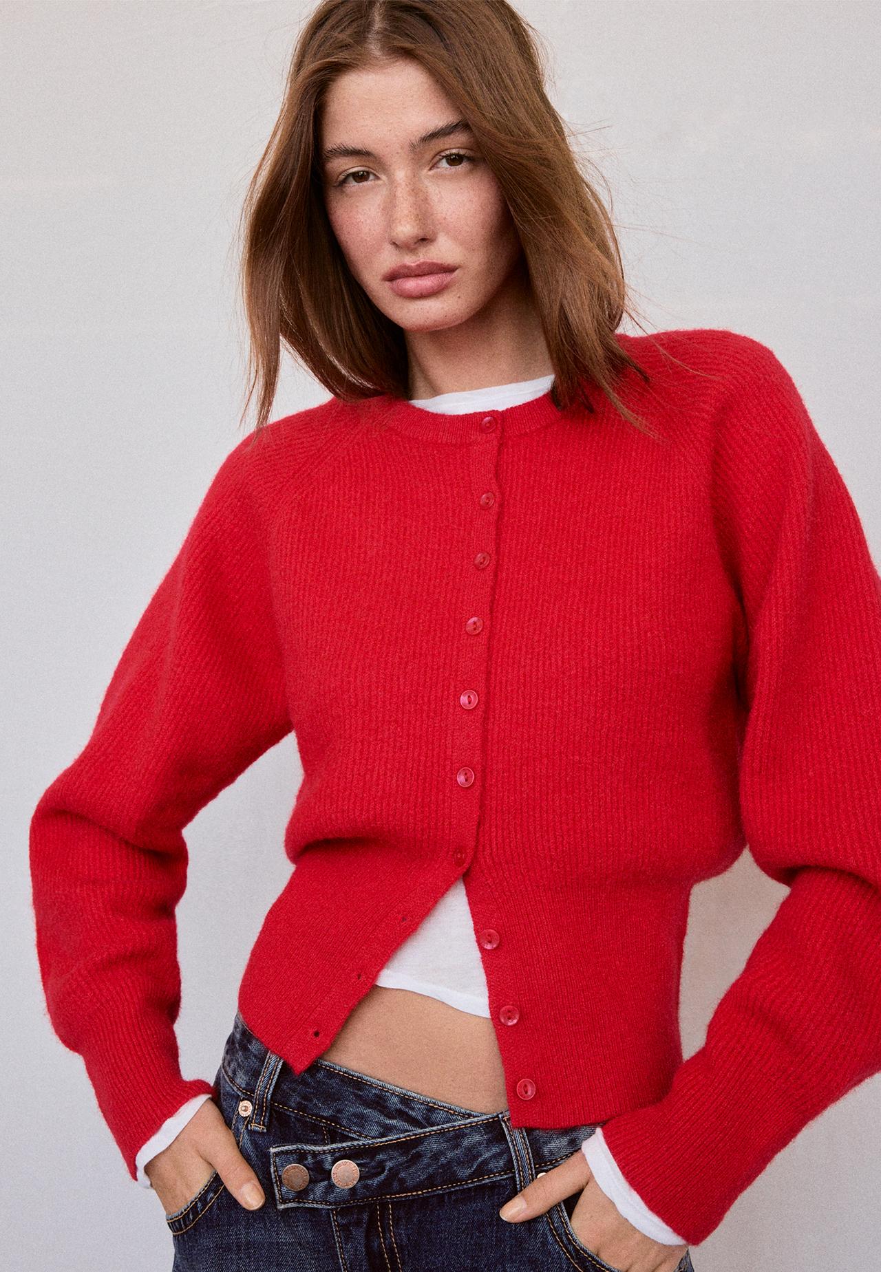 Raglan sleeve knit cardigan — Red