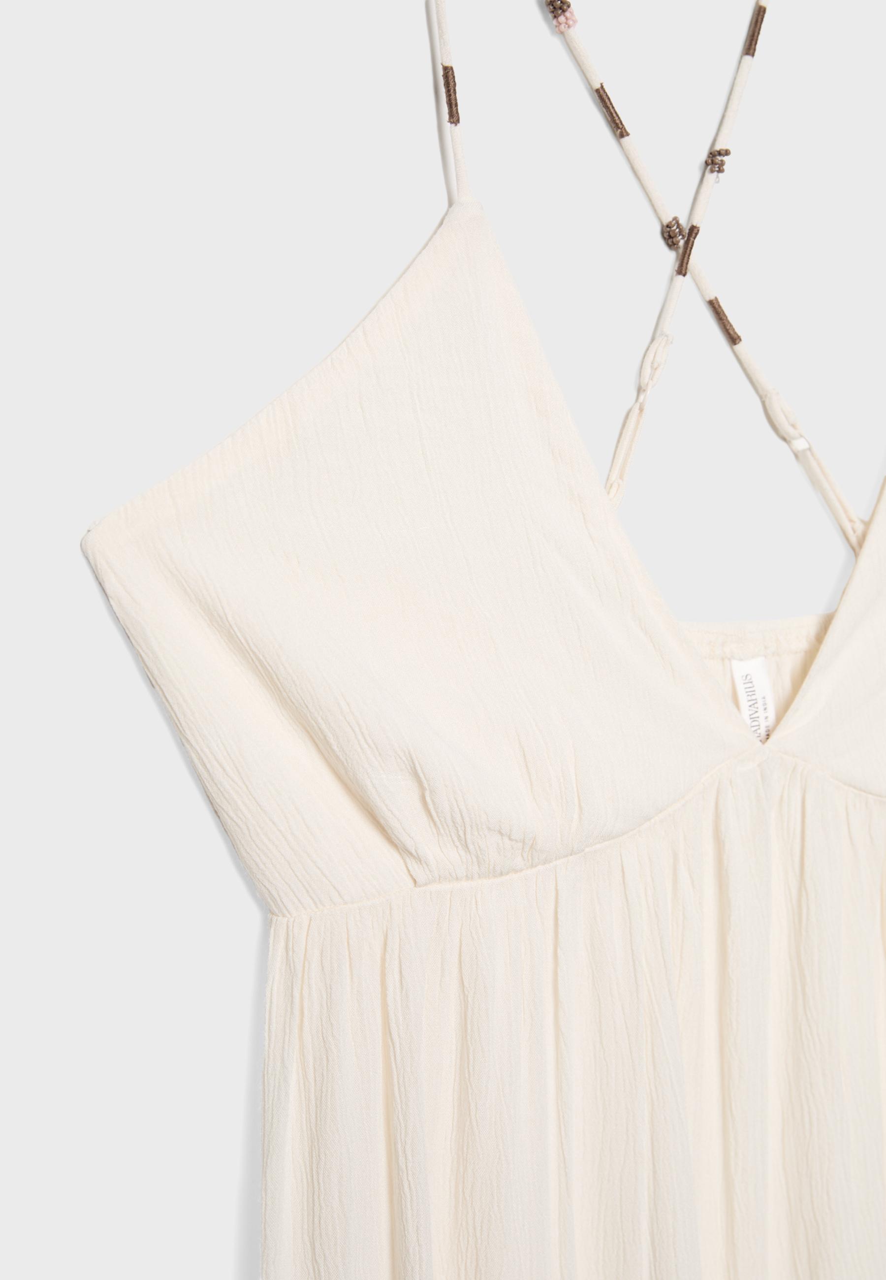 Long crepe dress with beading straps — Vanilla