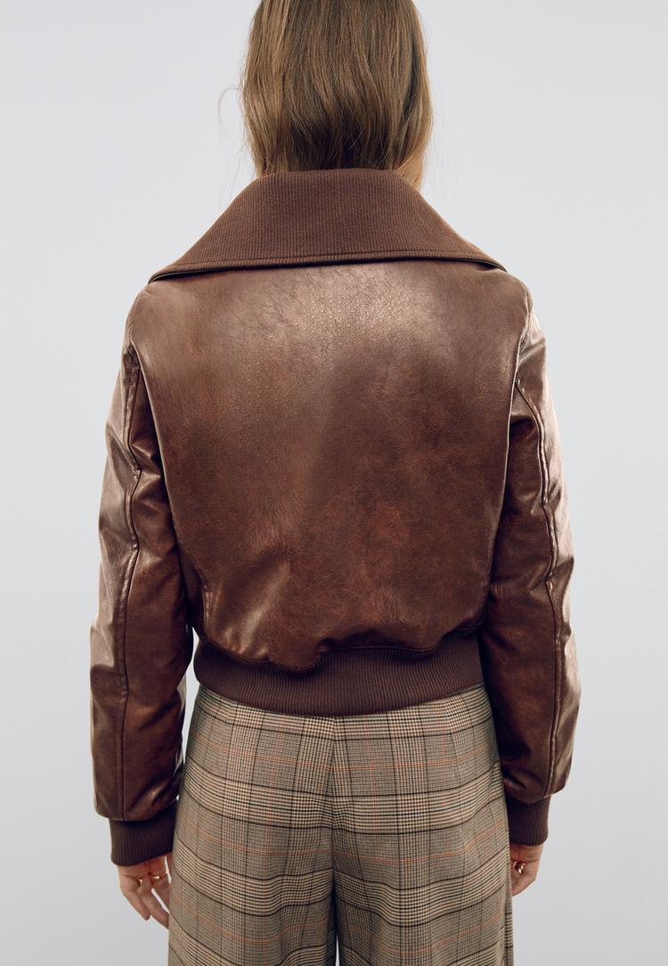 short leather effect jacket with pockets