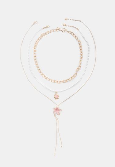 Set of 3 enamel flower necklaces — Gold 1