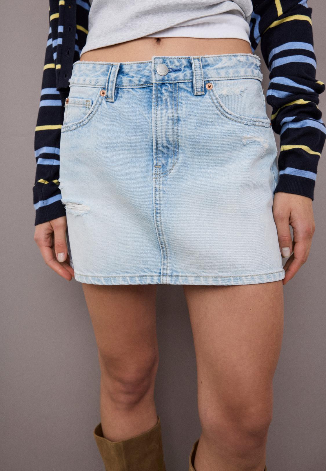 Mini Jupe SCHIAPARELLI En Jean Délavé Bleu - Boutons Dorés, Taille M, état Parfait