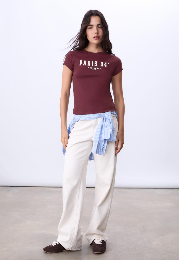 Stradivarius Tricou Fitted Cu Text Mov L