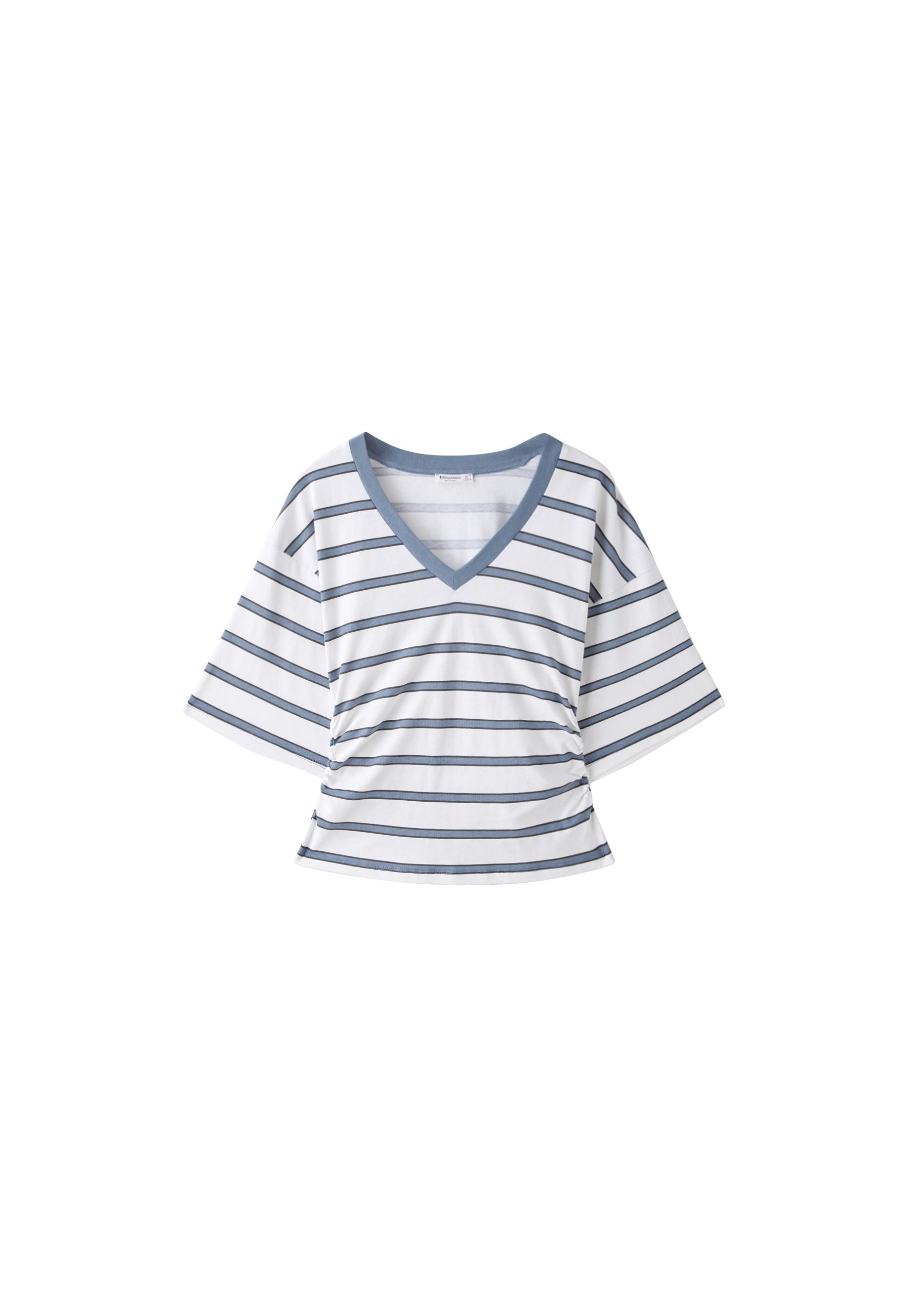 Striped V-neck kimono sleeve T-shirt — Sky blue