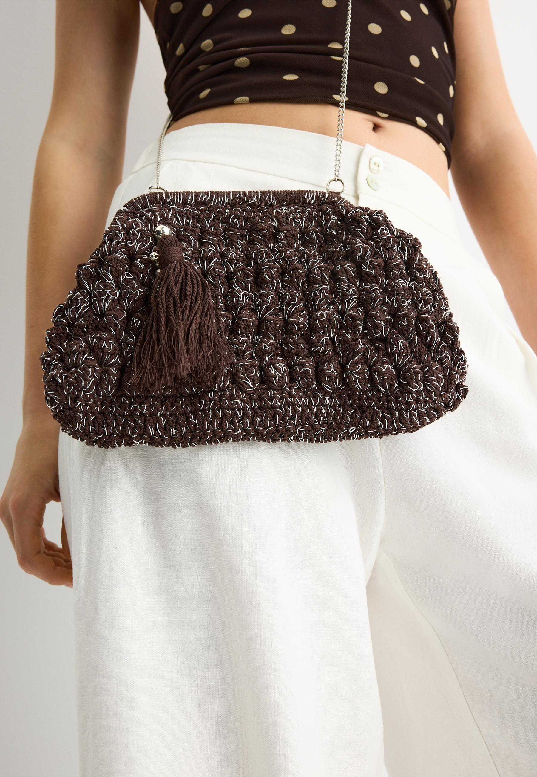 Metallic thread crochet bucket bag — Brown