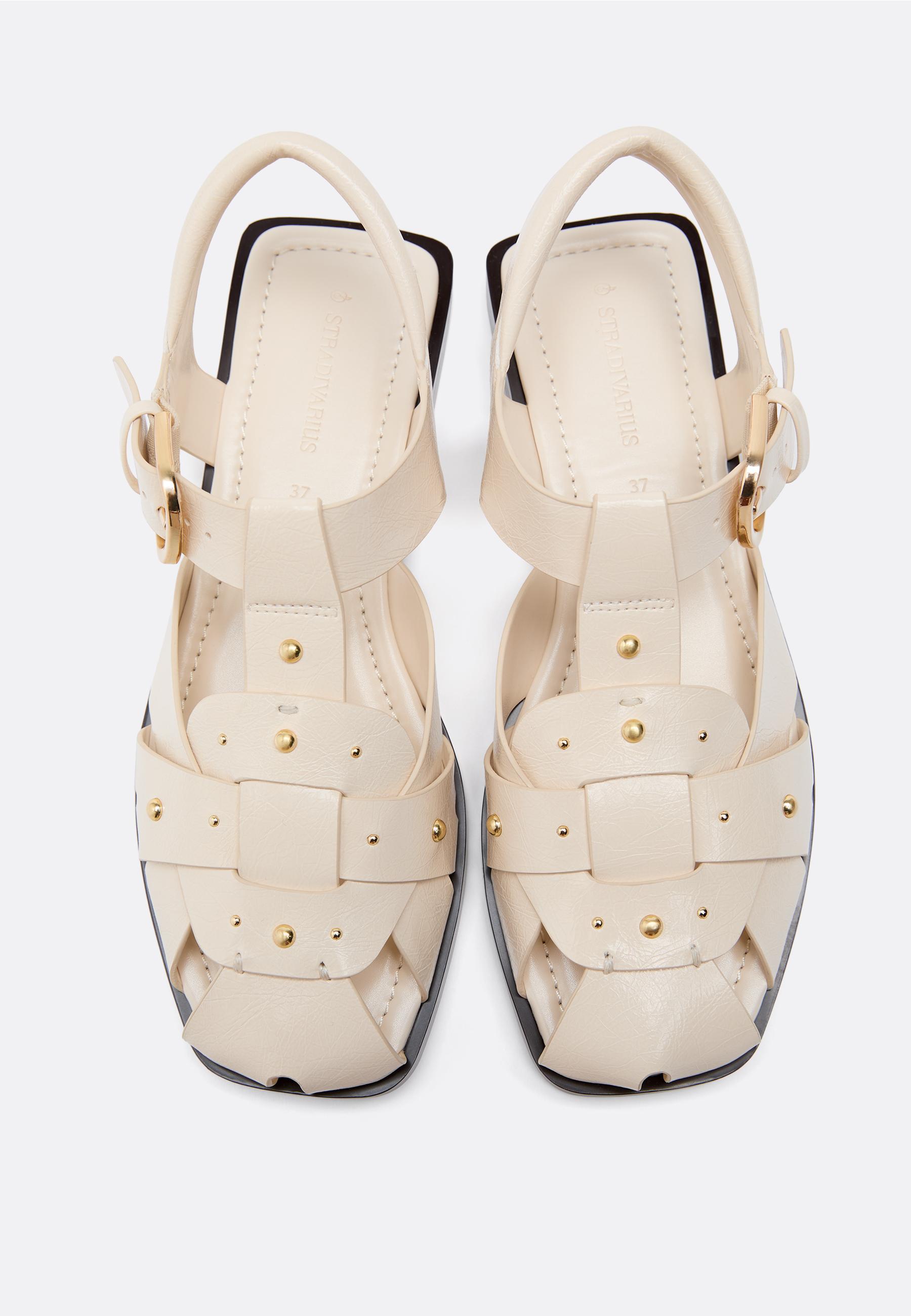 Leather effect studded cage sandals — ECRU
