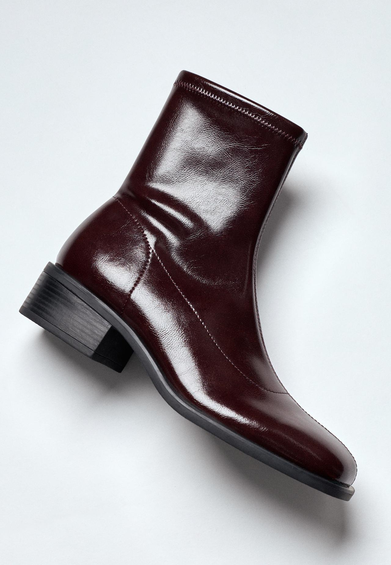 Flat stretch leather effect ankle boots — BURGUNDY