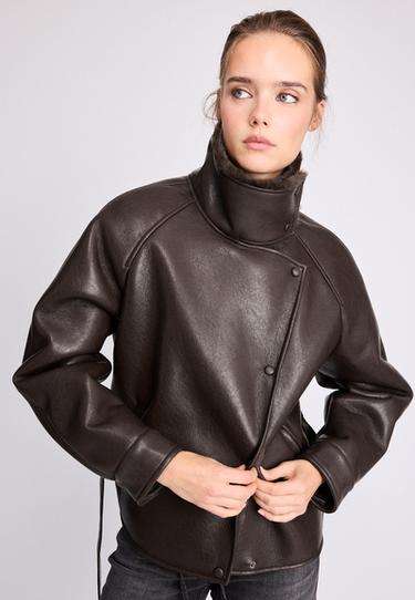 Leather effect double-faced high neck jacket — Brown 1