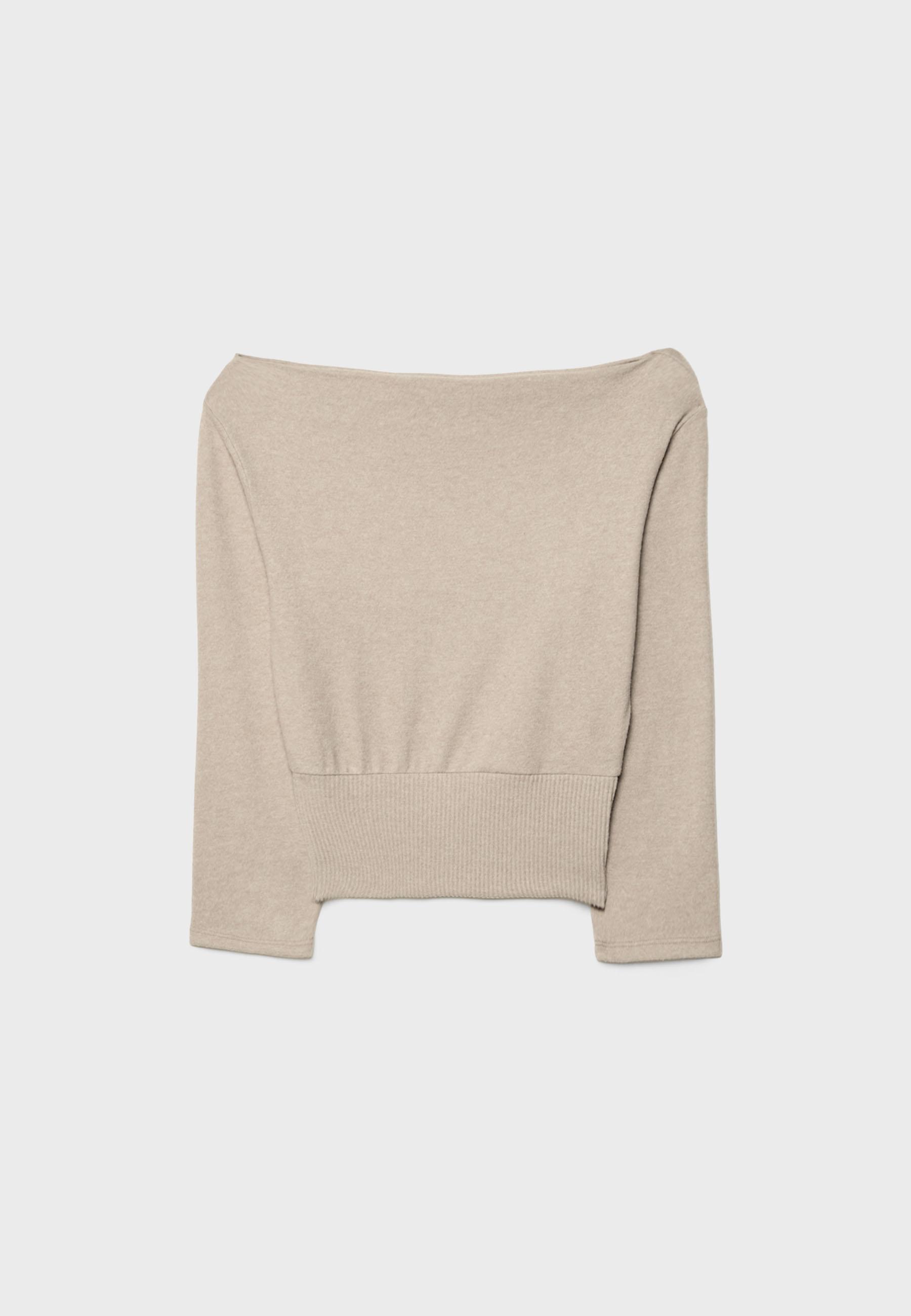 Boat neck knit T-shirt with sash belt — Stone