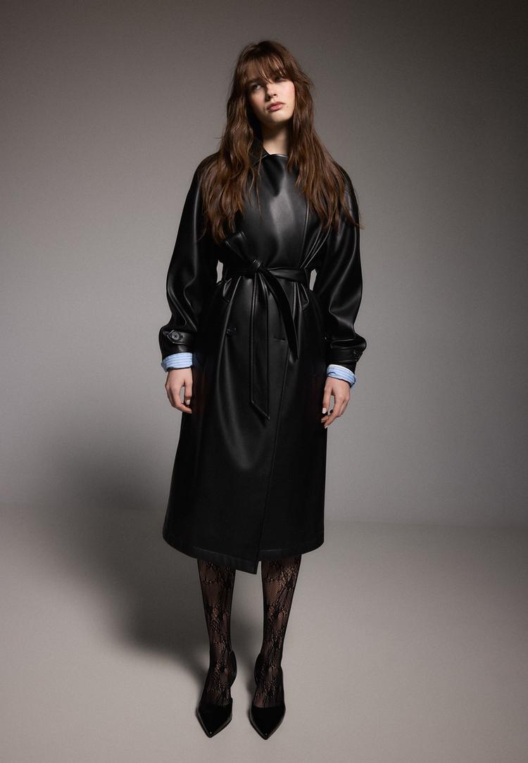 long faux leather trench coat