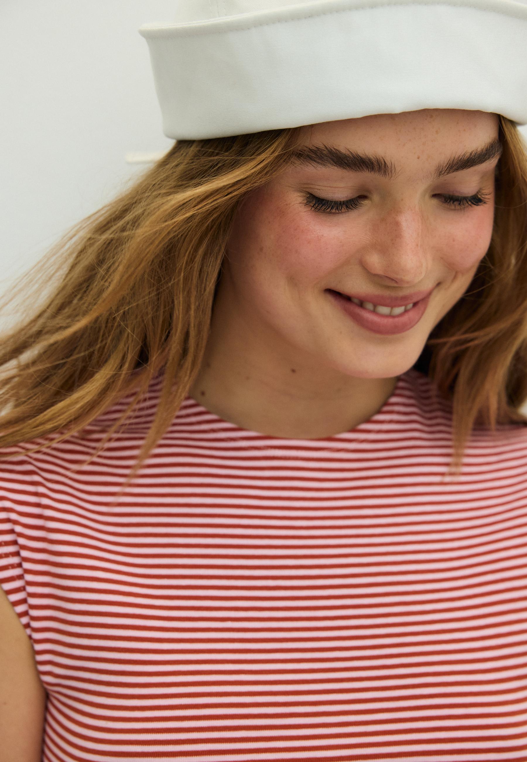 Basic striped mini sleeve T-shirt — Salmon pink
